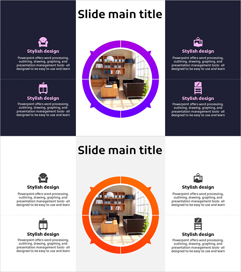 가구 카테고리 특징을 시각적으로 소개하는 슬라이드