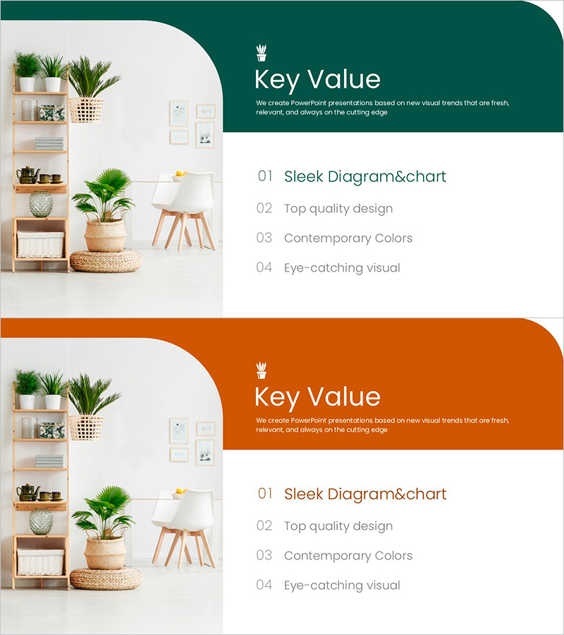 플랜테리어의 핵심 가치를 강조한 슬라이드 템플릿