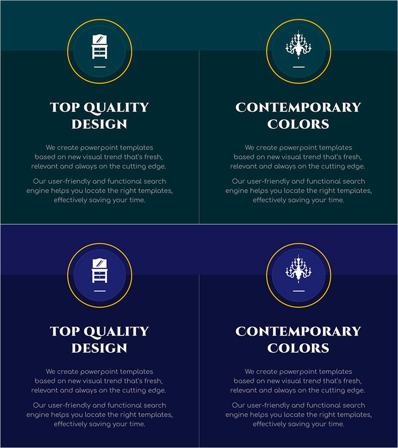 제품 설명 페이지를 위한 다이어그램 PPT – 색감과 품질
