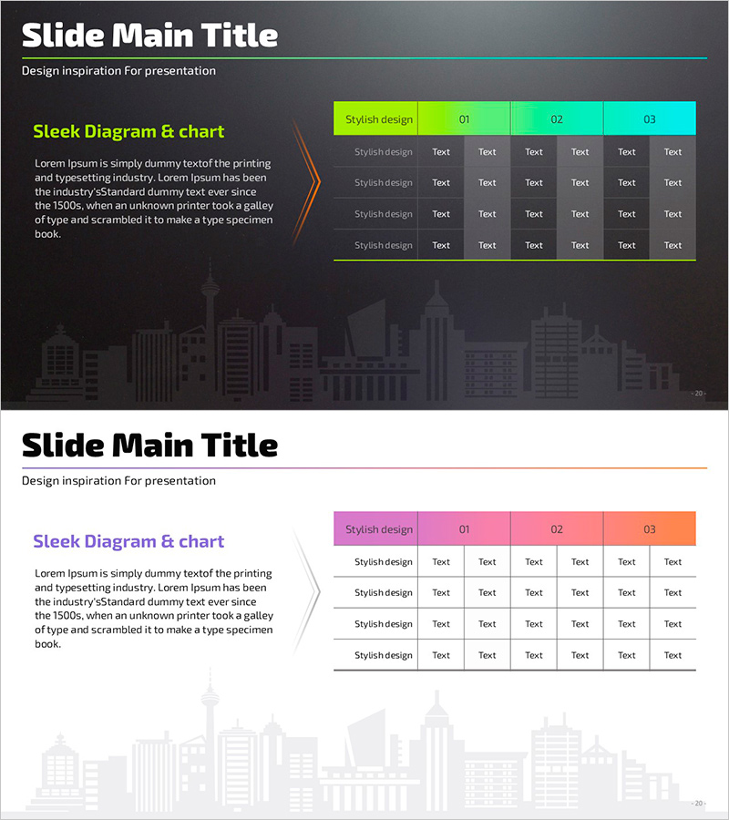 테이블과 분석 텍스트 – 세련된 다이어그램 슬라이드