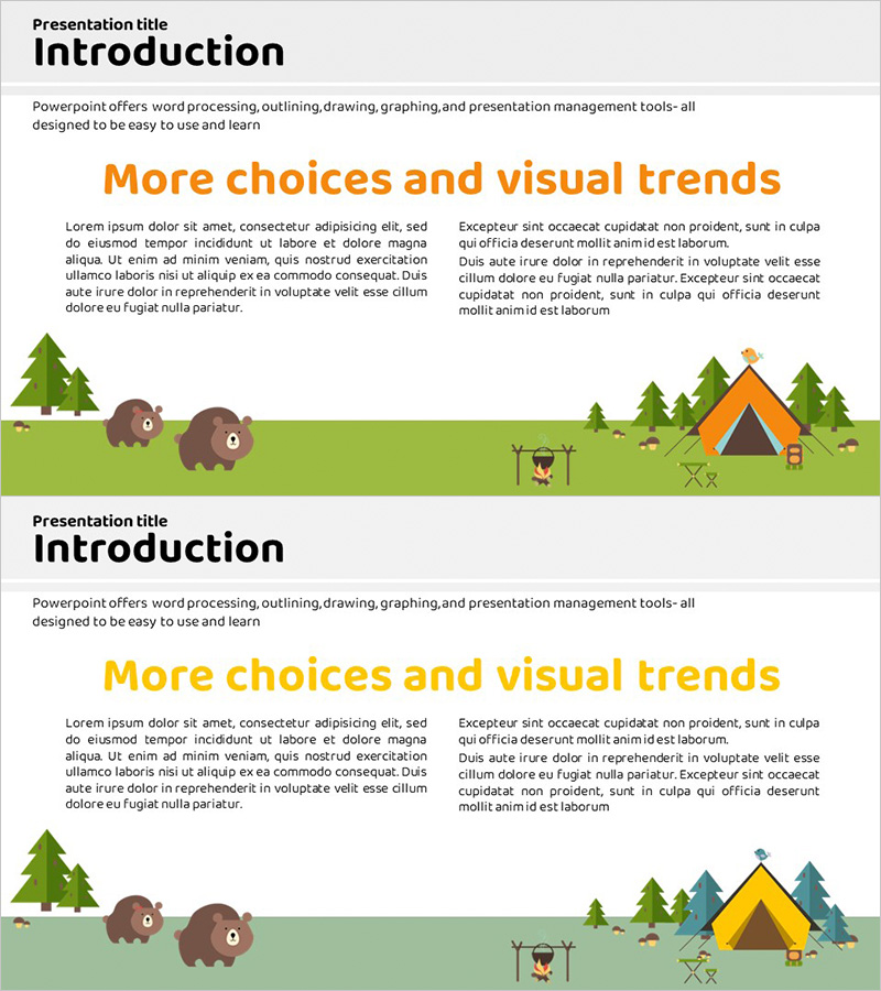 캠핑 회사 소개 슬라이드 – 오렌지와 옐로우의 조화