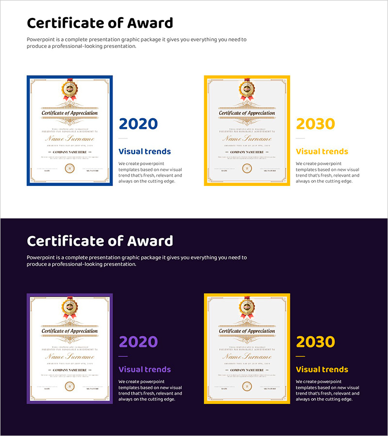 수상 및 인증 슬라이드 – 퍼플 옐로우 특허 디자인