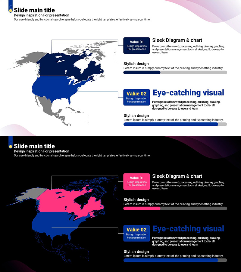 시장 및 경쟁사 분석을 위한 보라색 곡선 테마 지도 템플릿