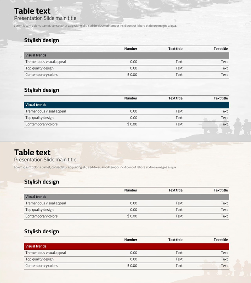 네이비 레드 테이블 슬라이드 – 재무 성과를 명확히 시각화