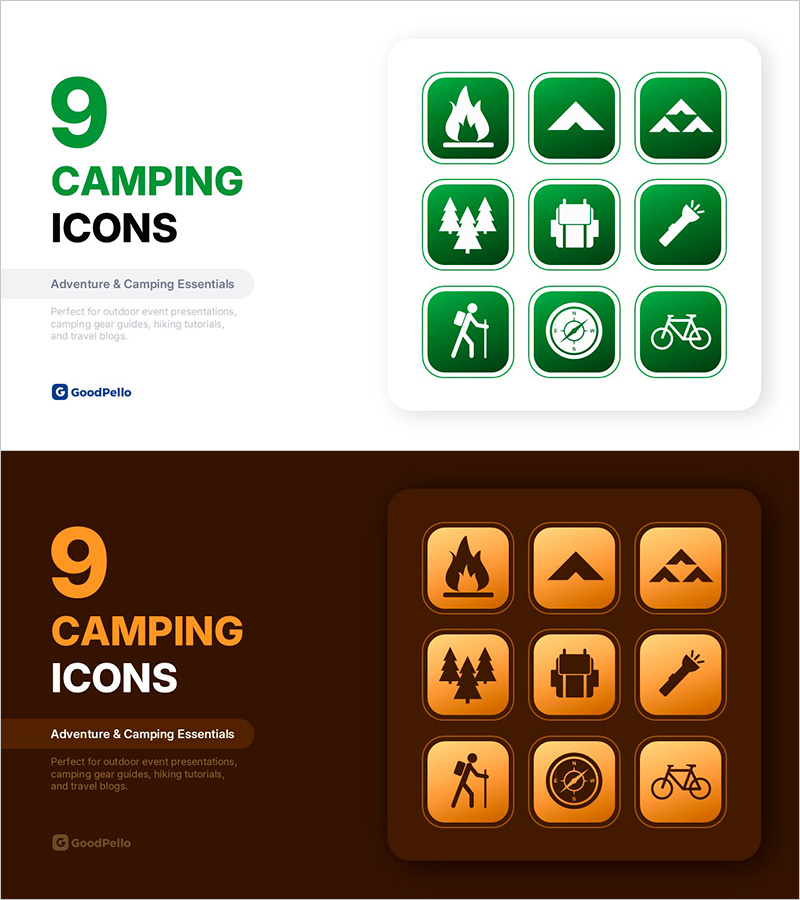 캠핑 아이콘 세트 9종 – 아웃도어, 하이킹, 여행 블로그 전용 PPT 아이콘