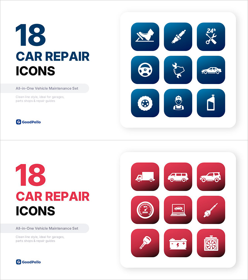 자동차 정비 아이콘 세트 18종 – 차량 정비소, 자동차 부품, 차량 관리 전용 PPT 아이콘