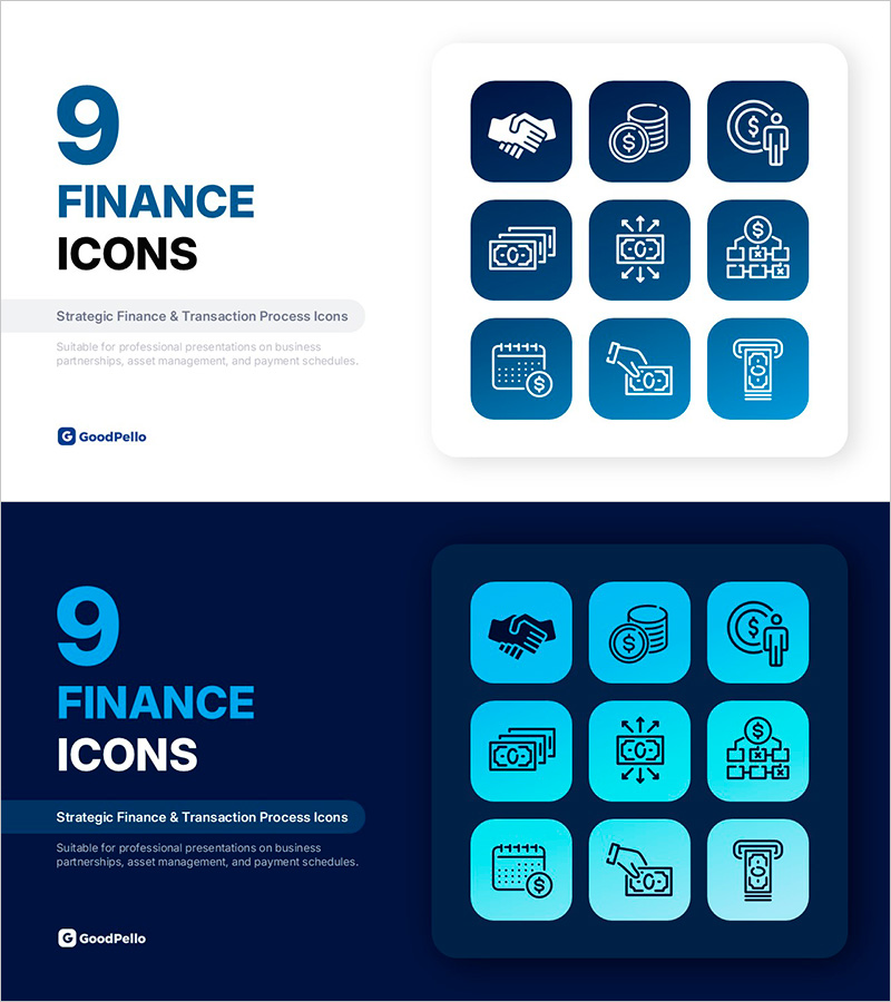 금융 아이콘 세트 9종 – 비즈니스, 자산 관리, 거래 프로세스 전용 PPT 아이콘