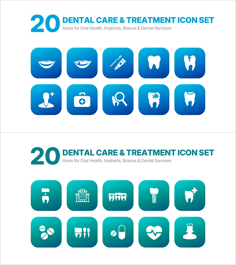 치과 진료 아이콘 세트 20종 – 구강건강, 임플란트, 교정, 치과 서비스 전용 PPT 아이콘