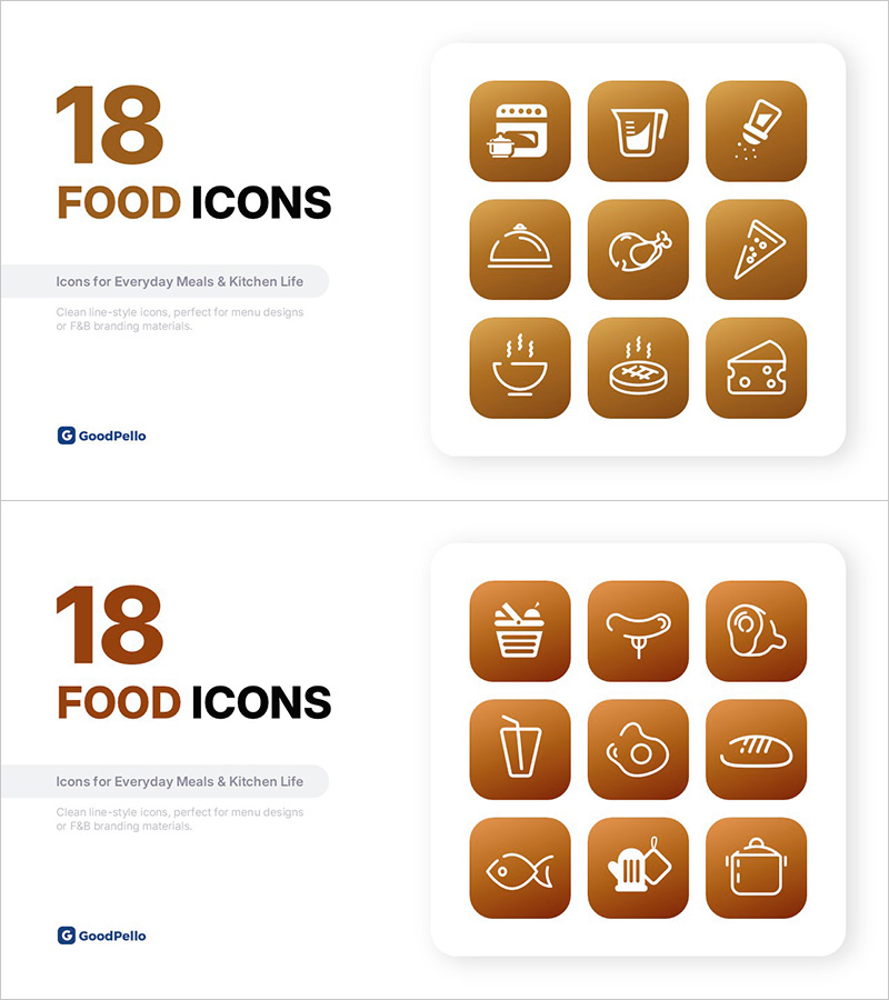 푸드 아이콘 세트 18종 – 식음료, 레스토랑 메뉴, 주방 라이프 전용 PPT 아이콘