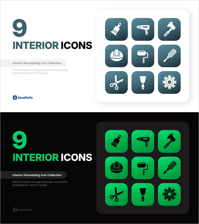 인테리어 아이콘 세트 9종 – 리모델링, 건축 디자인, DIY 전용 PPT 아이콘