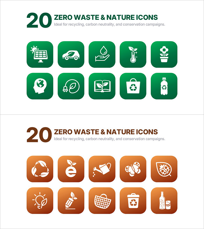 제로웨이스트 & 자연 아이콘 세트 20종 – 친환경, 재활용, 탄소중립 캠페인 전용 PPT 아이콘