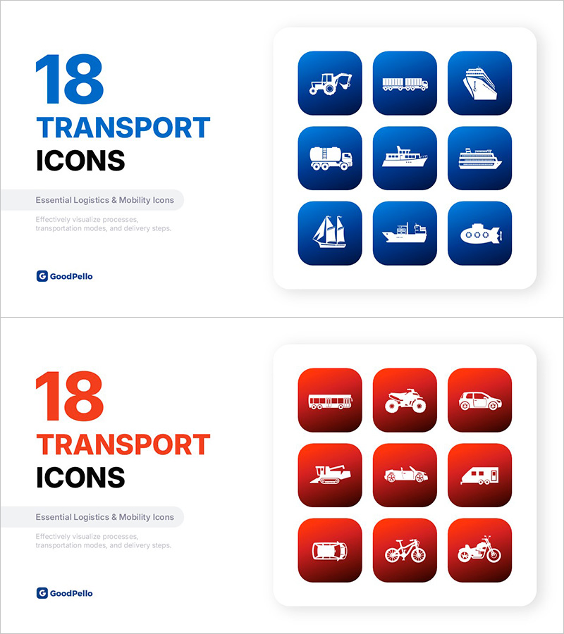 교통 아이콘 세트 18종 – 물류, 운송수단, 모빌리티 전용 PPT 아이콘