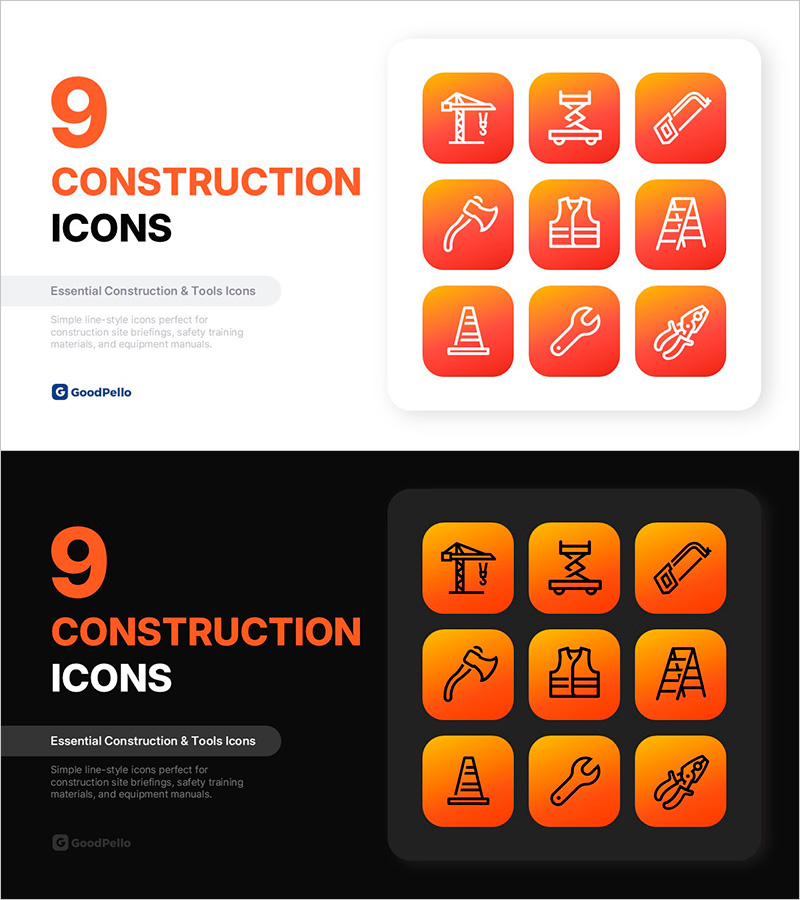 건설 아이콘 세트 9종 – 건설 현장, 안전 교육, 공구 전용 PPT 아이콘