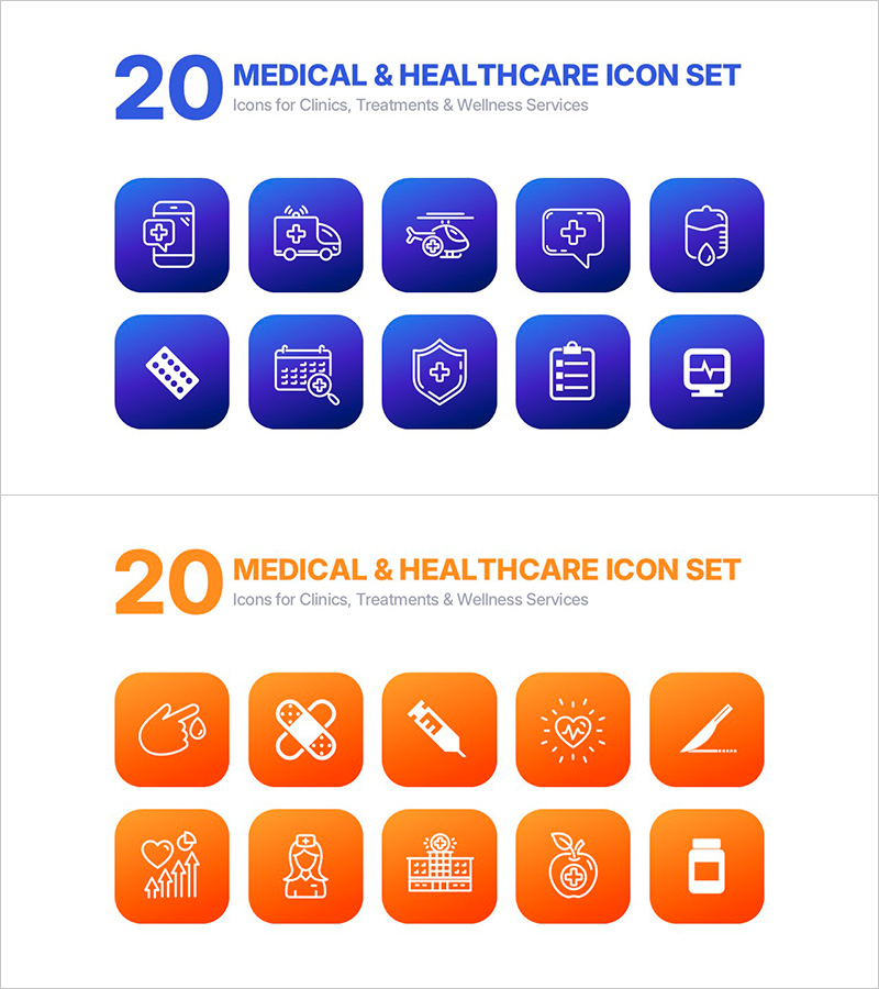 의료 헬스케어 아이콘 세트 20종 – 병원, 클리닉, 웰니스 프레젠테이션 전용 PPT 아이콘