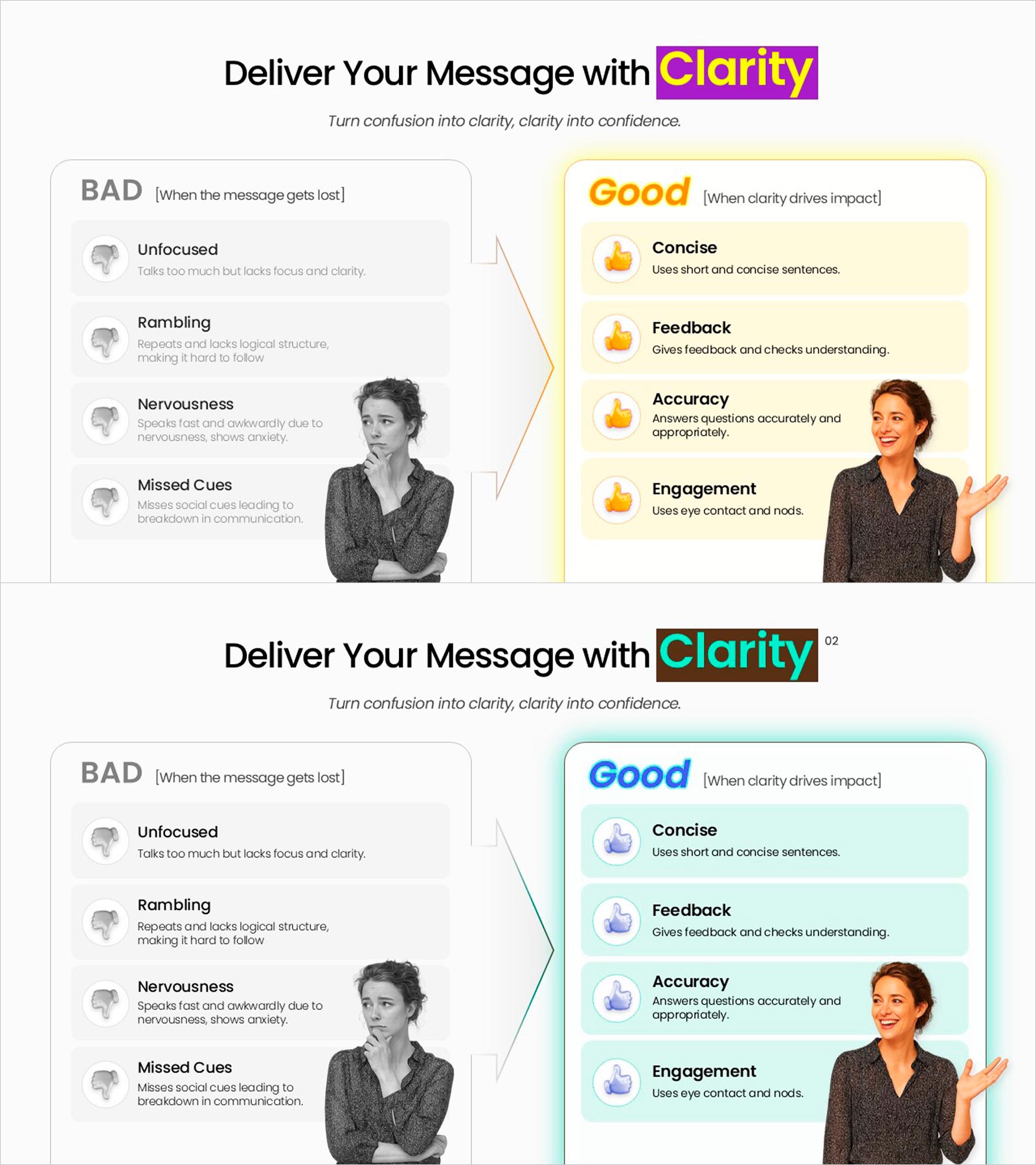 명확한 전달을 위한 커뮤니케이션 비교 PPT 슬라이드 – Clarity 중심