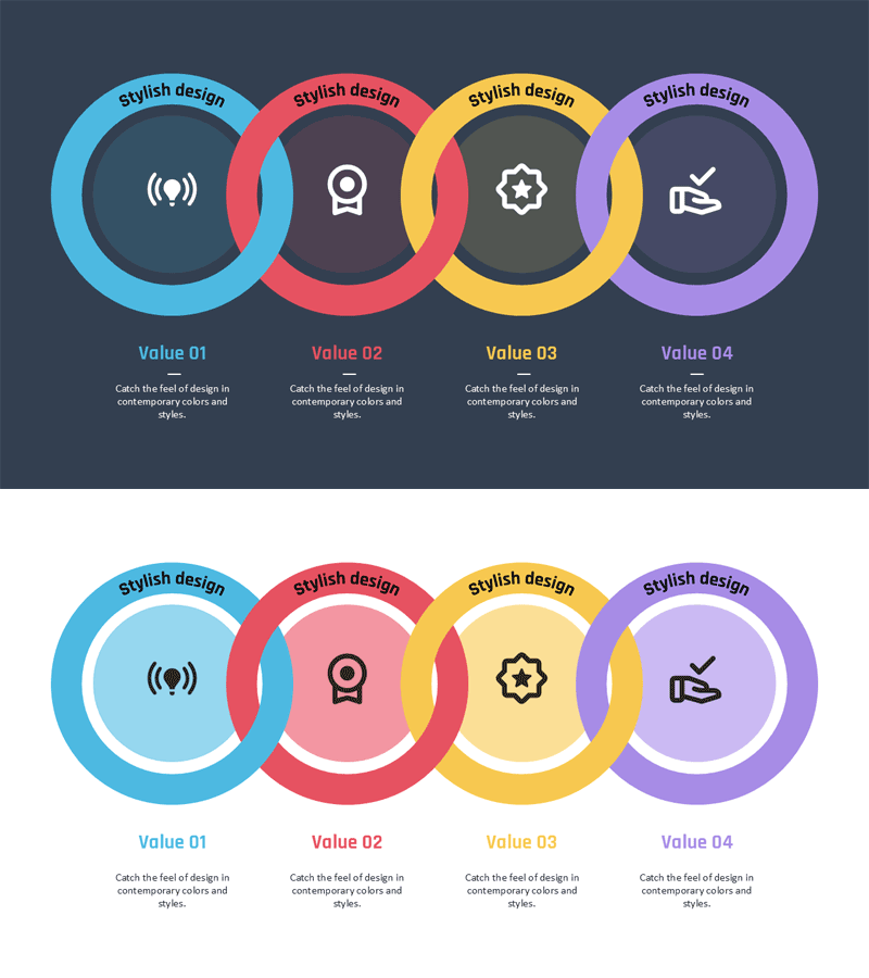 무료 4원형 오버랩 다이어그램 PPT 템플릿 – 컨템포러리 링 디자인 인포그래픽