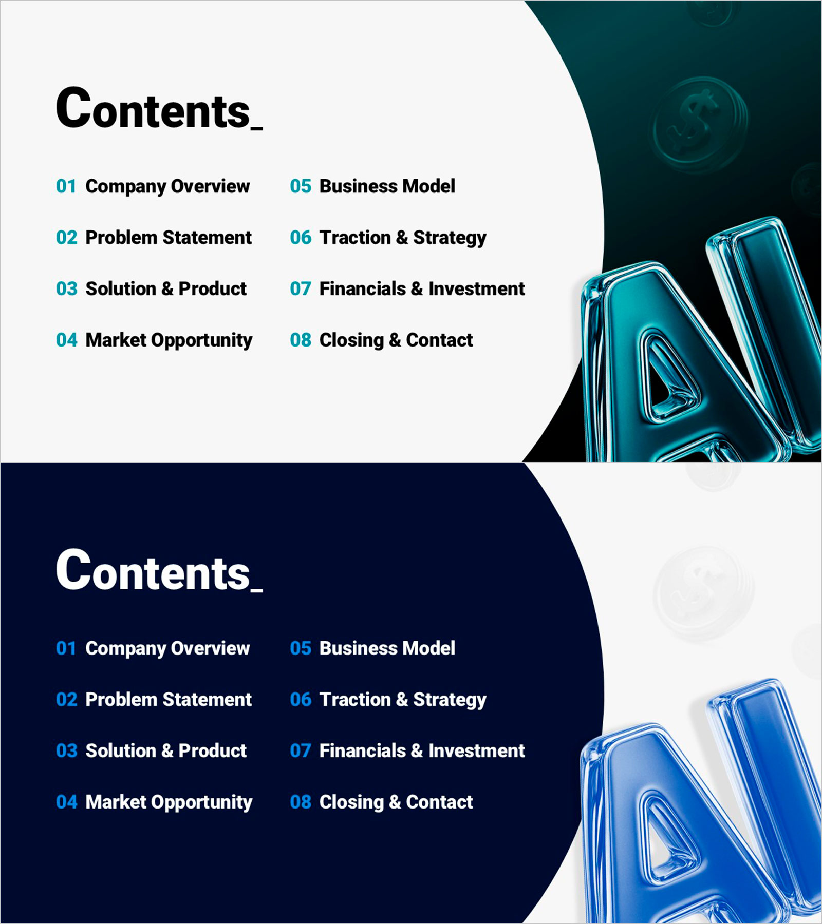 AI 투자 피치덱 목차 슬라이드 – IR 발표 구성 안내