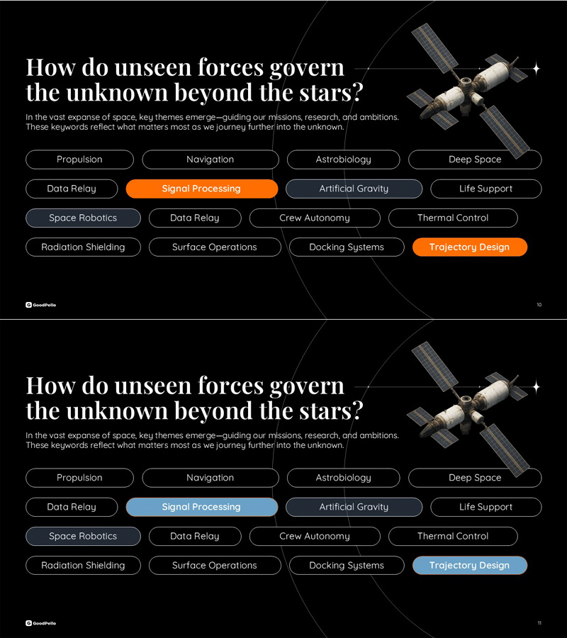 우주 기술 핵심 키워드 맵 슬라이드 – 미래 시스템 구조 정리