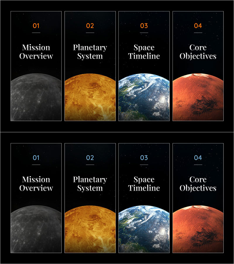 프레젠테이션 목차 슬라이드 – 우주 콘셉트 전략 구성 인덱스