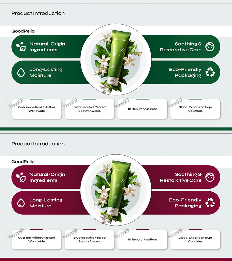 파워포인트 본문 슬라이드 – 화장품 제품 가치와 글로벌 성과 소개