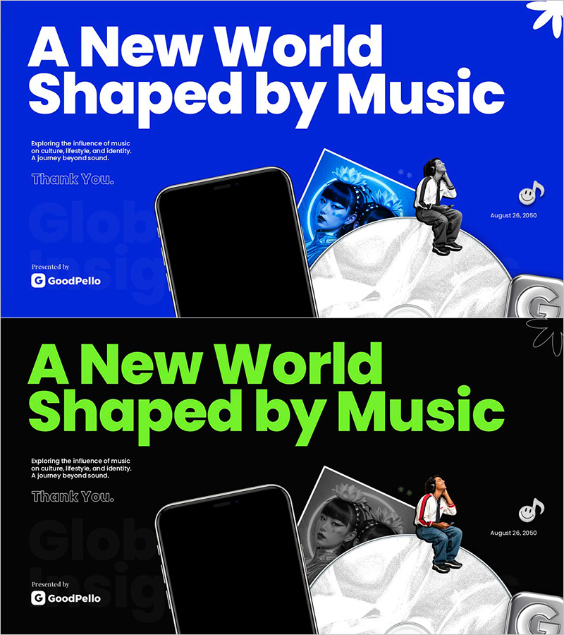 파워포인트 엔딩 표지 슬라이드 – 음악이 만드는 새로운 세계 비전 클로징