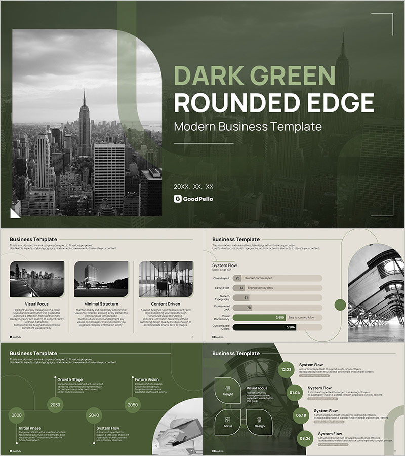 다크 그린 라운드 엣지 비즈니스 파워포인트 템플릿 – 모던 9슬라이드