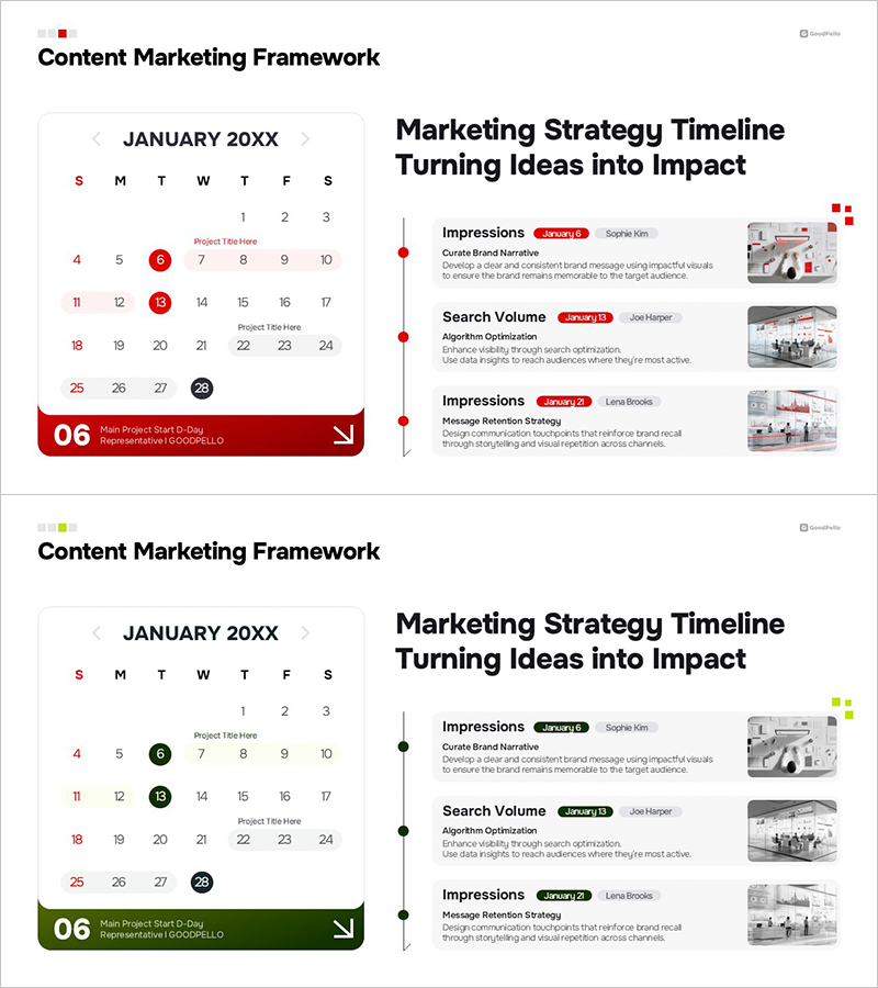 PPT 콘텐츠 마케팅 타임라인 슬라이드 – 마케팅 전략 일정 프레임워크