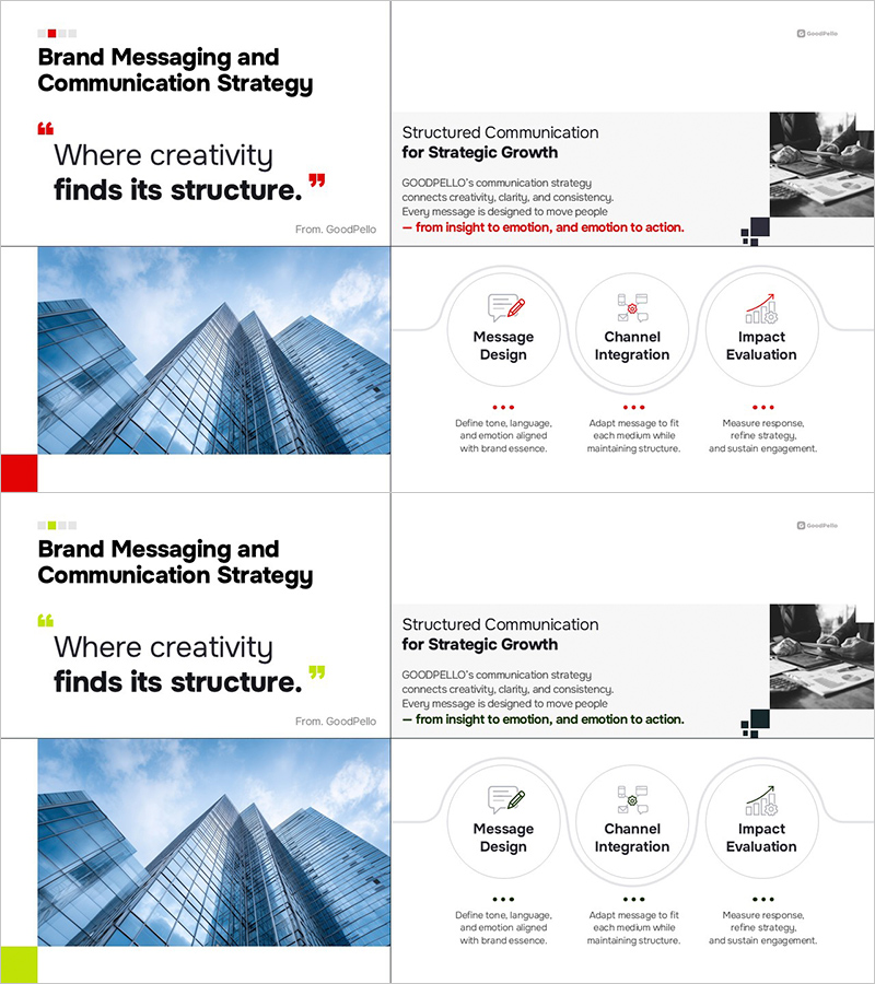 PPT 브랜드 메시징 전략 슬라이드 – 커뮤니케이션 구조 설계 프레임워크
