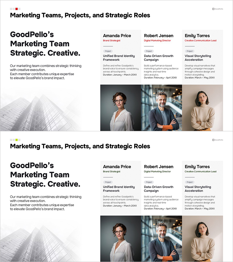 PPT 마케팅 조직 소개 슬라이드 – 팀 구성과 프로젝트 역할 구조