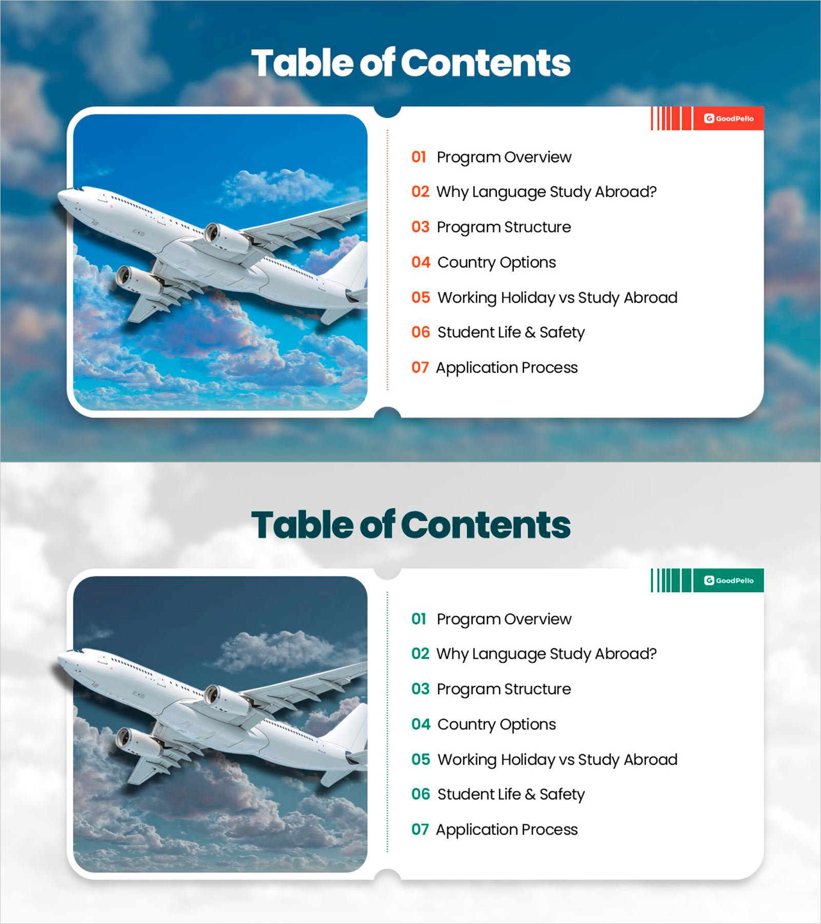 글로벌 어학연수 프로그램 목차 슬라이드 – 전체 커리큘럼 안내