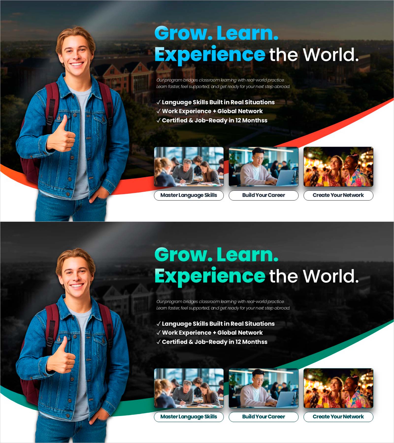 글로벌 어학연수 프로그램 핵심 혜택 슬라이드 – 학습·커리어·경험의 연결