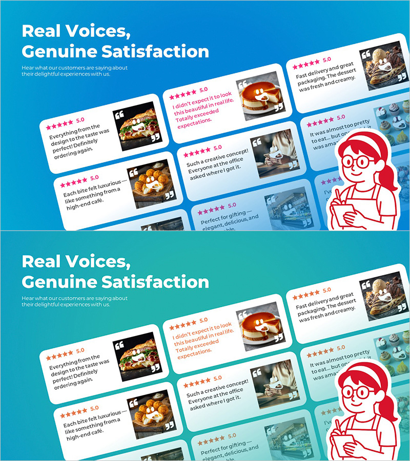 고객 후기 슬라이드 – 디저트 카페 실제 리뷰와 만족도 소개