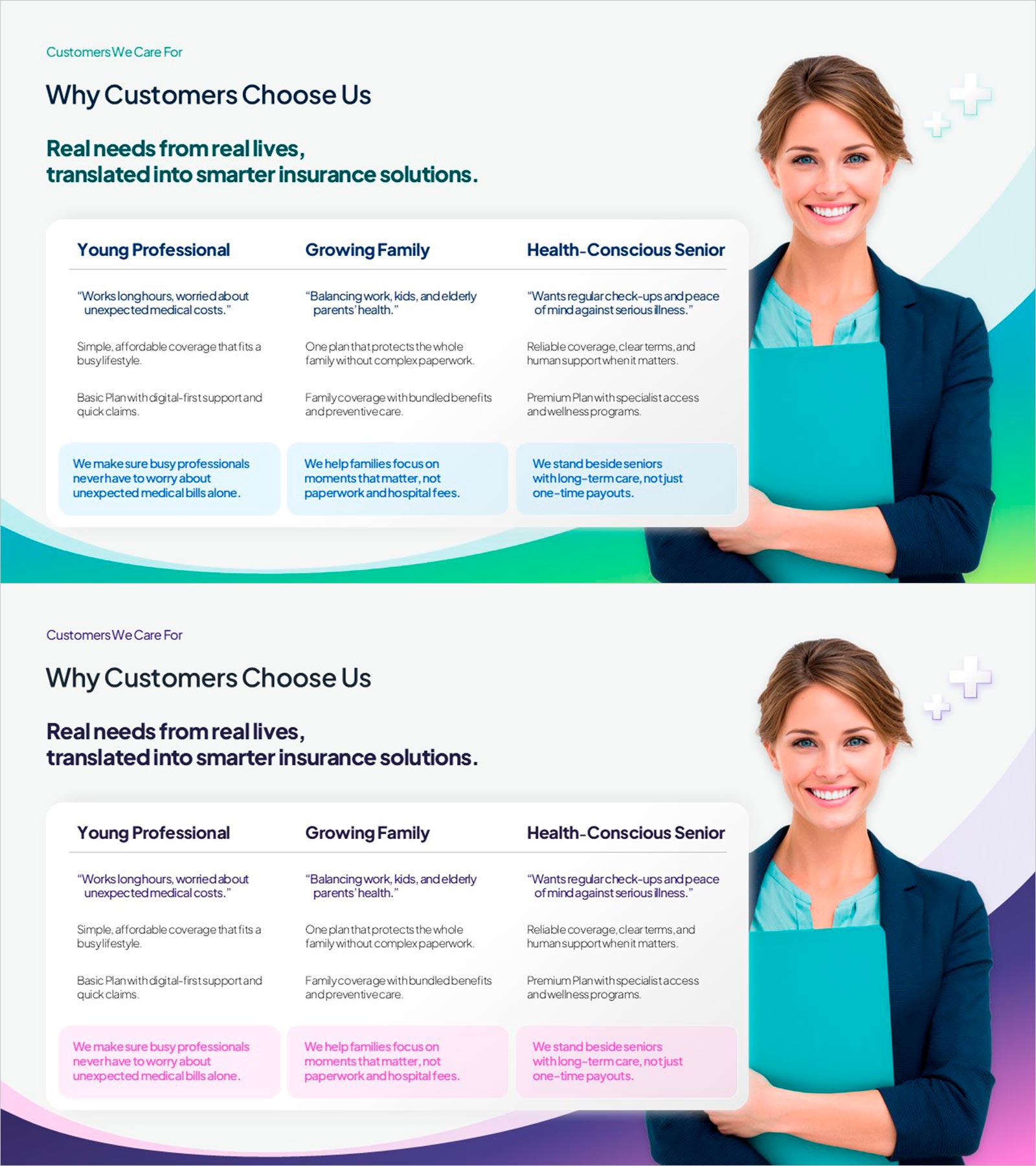 Insurance Customer Segmentation PowerPoint Slide with 3-Column Card Layout  