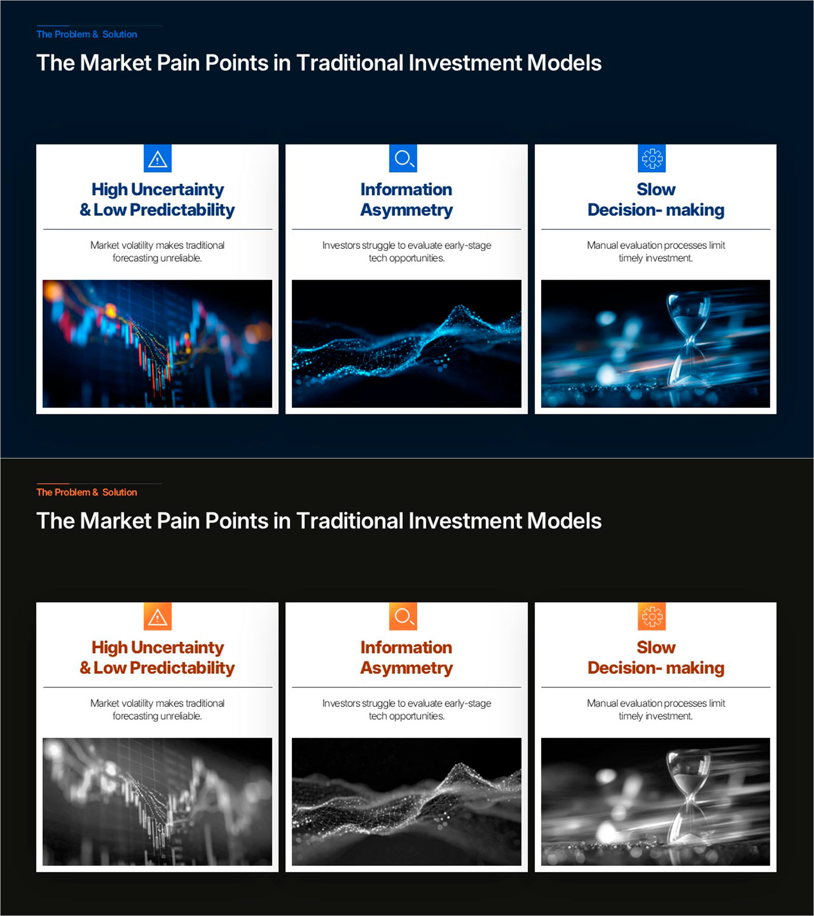 투자 시장 문제점 파워포인트 슬라이드 – 3항목 아이콘 카드 2컬러
