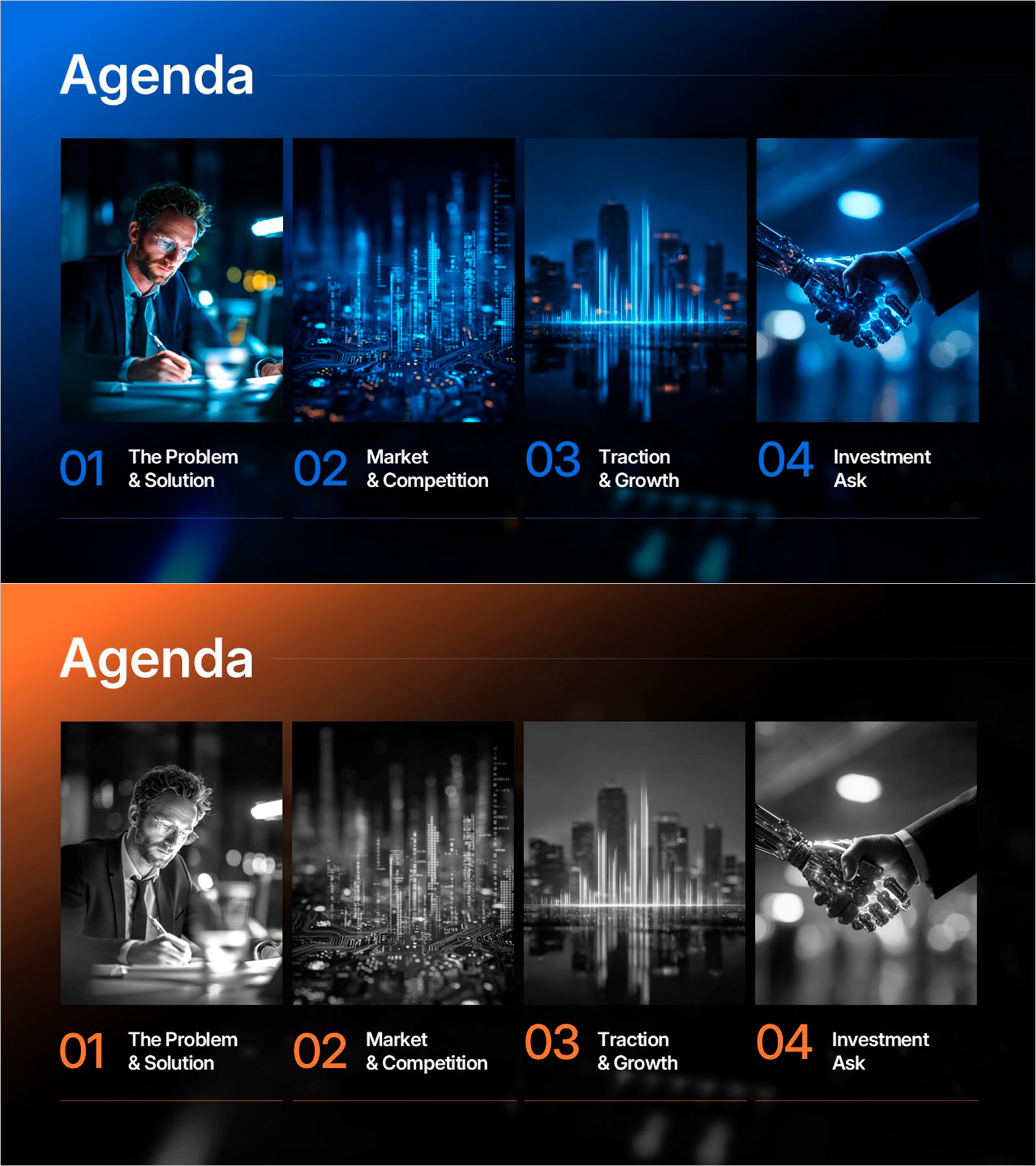 투자 피치덱 목차 파워포인트 슬라이드 – 4섹션 사진 카드 2컬러