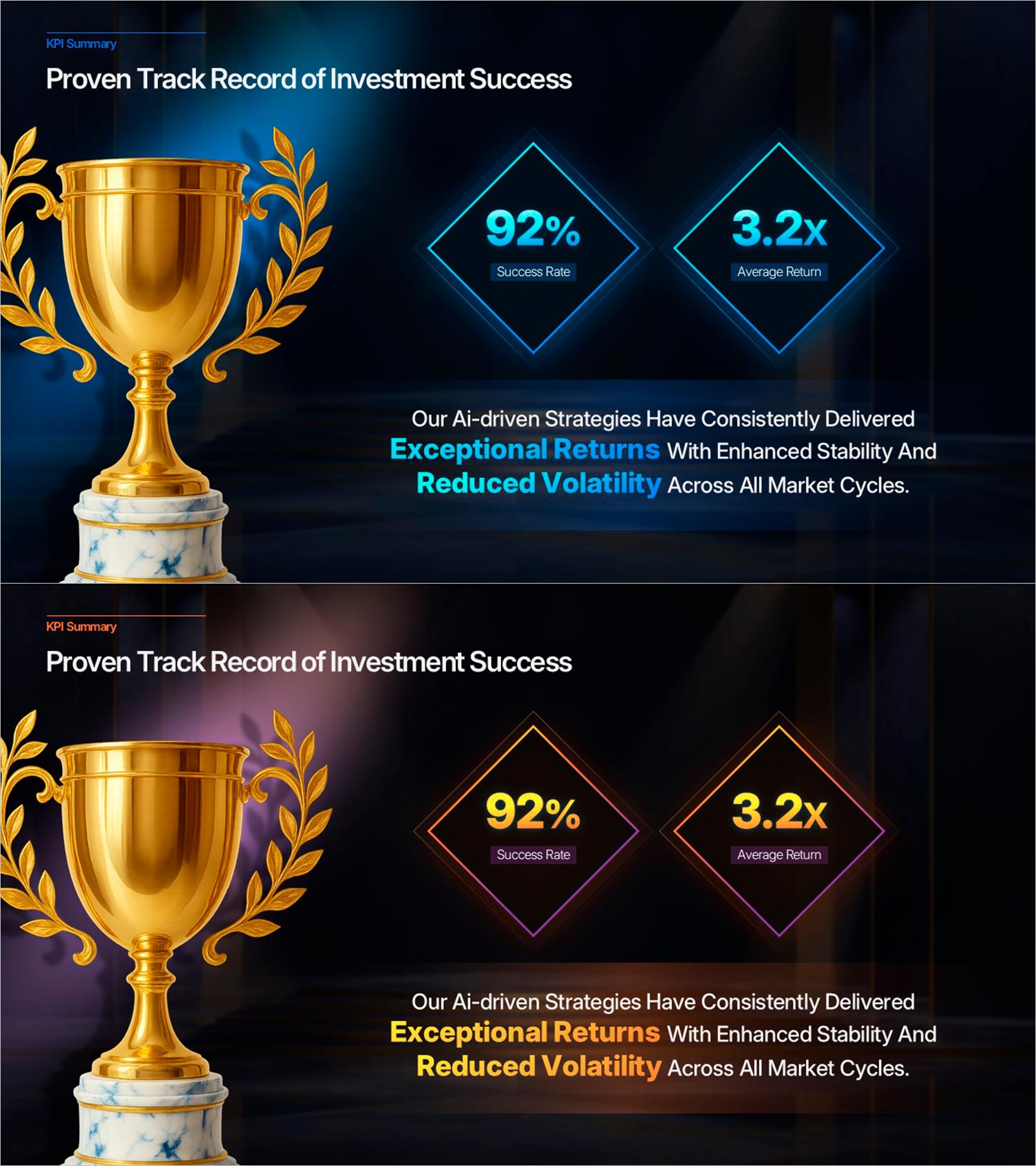 AI 투자 실적 KPI 다이아몬드 카드 파워포인트 – 다크 트로피