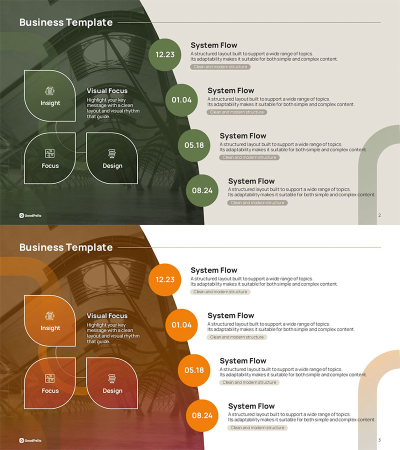 아이콘 박스 추진체계 파워포인트 슬라이드 – 3단계 구조 + 4마일스톤 일정