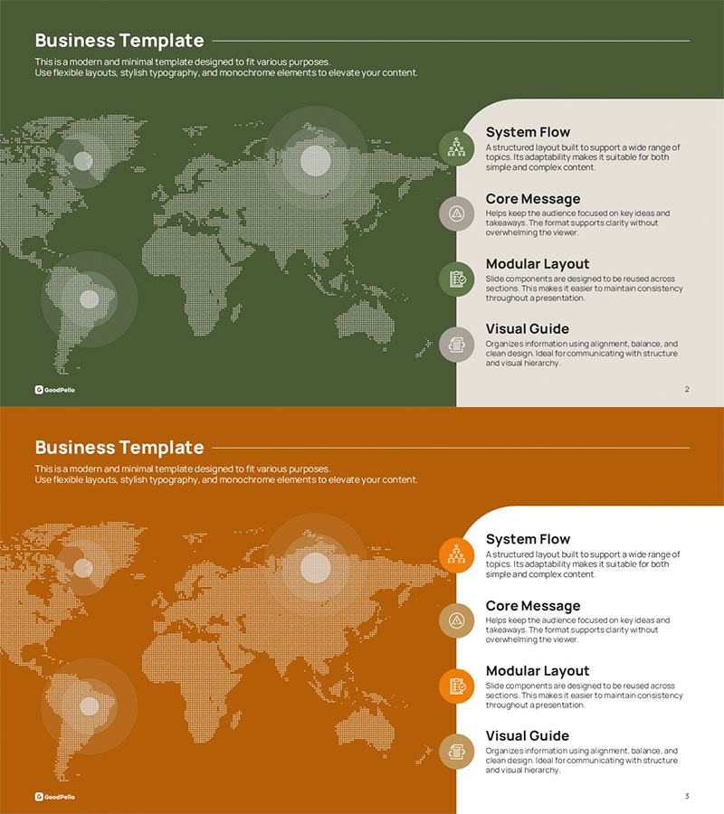 세계지도 파워포인트 슬라이드 – 글로벌 네트워크 4항목 레이아웃