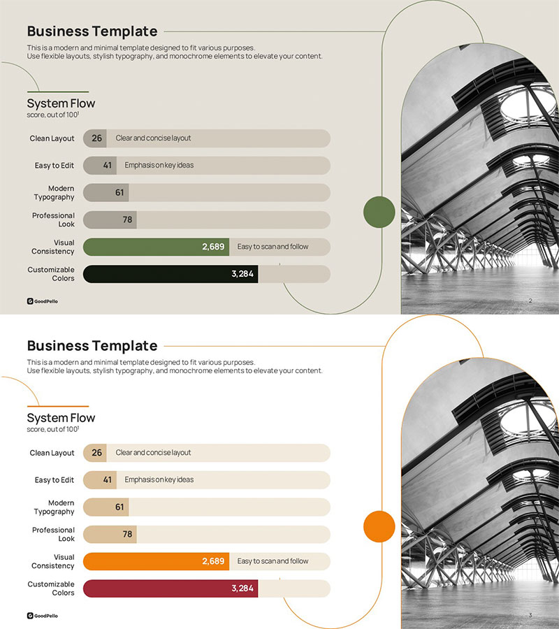 6항목 가로막대 그래프 파워포인트 슬라이드 – 수치 비교 비즈니스 레이아웃