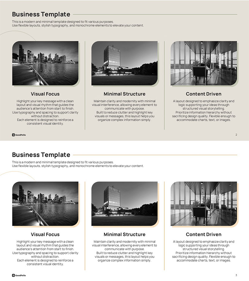 Three-Column Body Slide – Rounded Edge Business PowerPoint