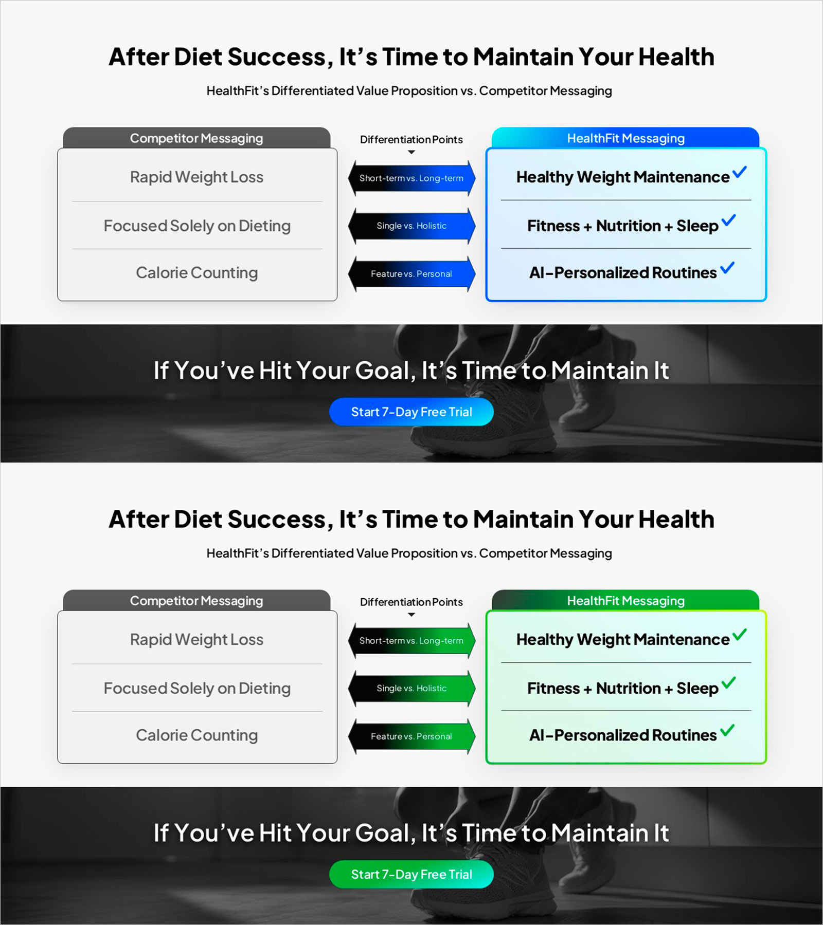 Brand vs. Competitor Messaging Slide – 3-Point, Blue & Green